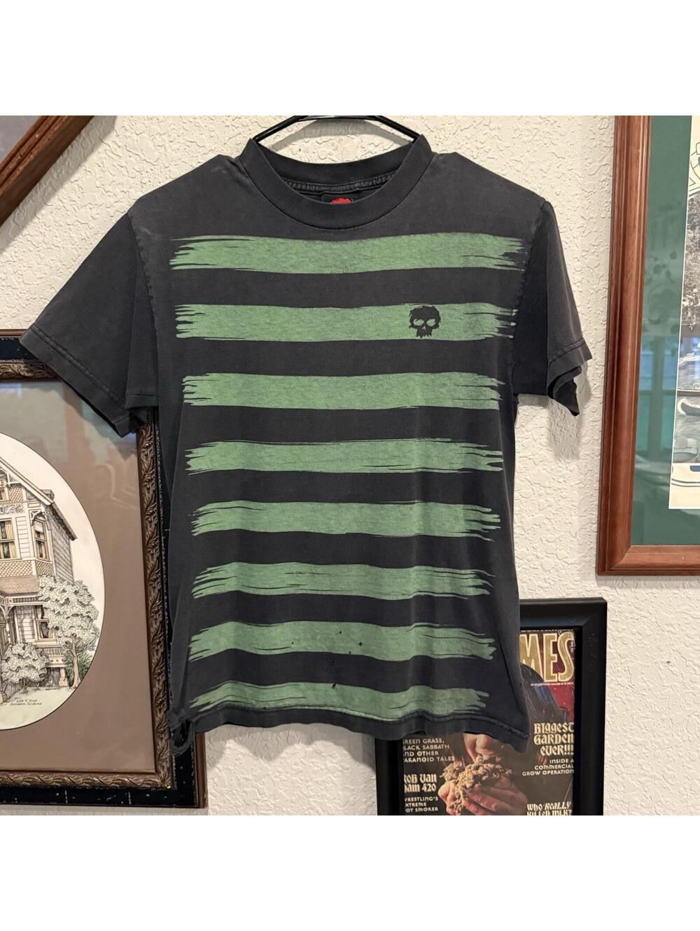 Vintage 90s RARE Green And Black Striped Zero Skateboarding Shirt Size Small